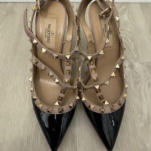 Valentino Black and Tan Studded Heels with Strappy Design